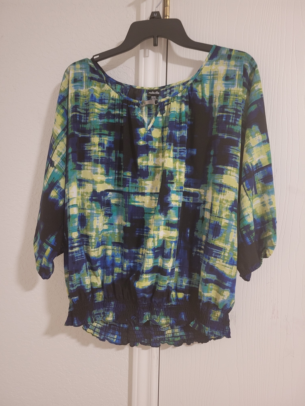 Rafaella Blue, Green & Yellow Abstract Peasant Blouse